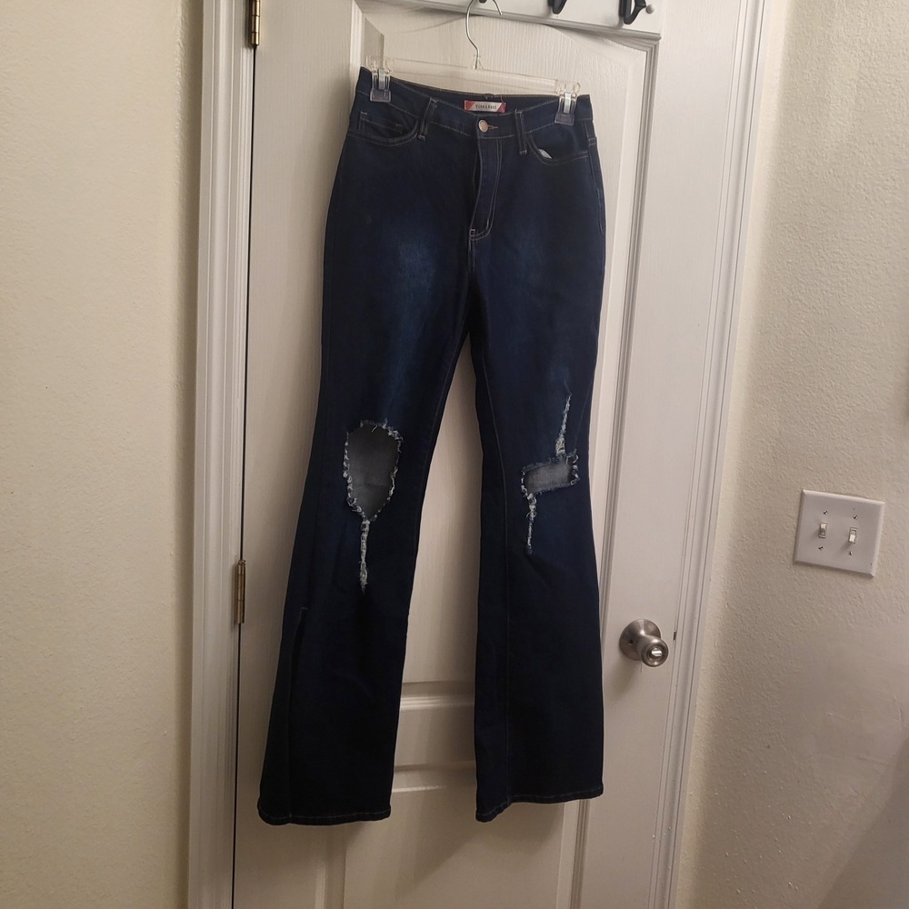 Stylish Dark Blue Flare‎ Jeans with Distressed Details